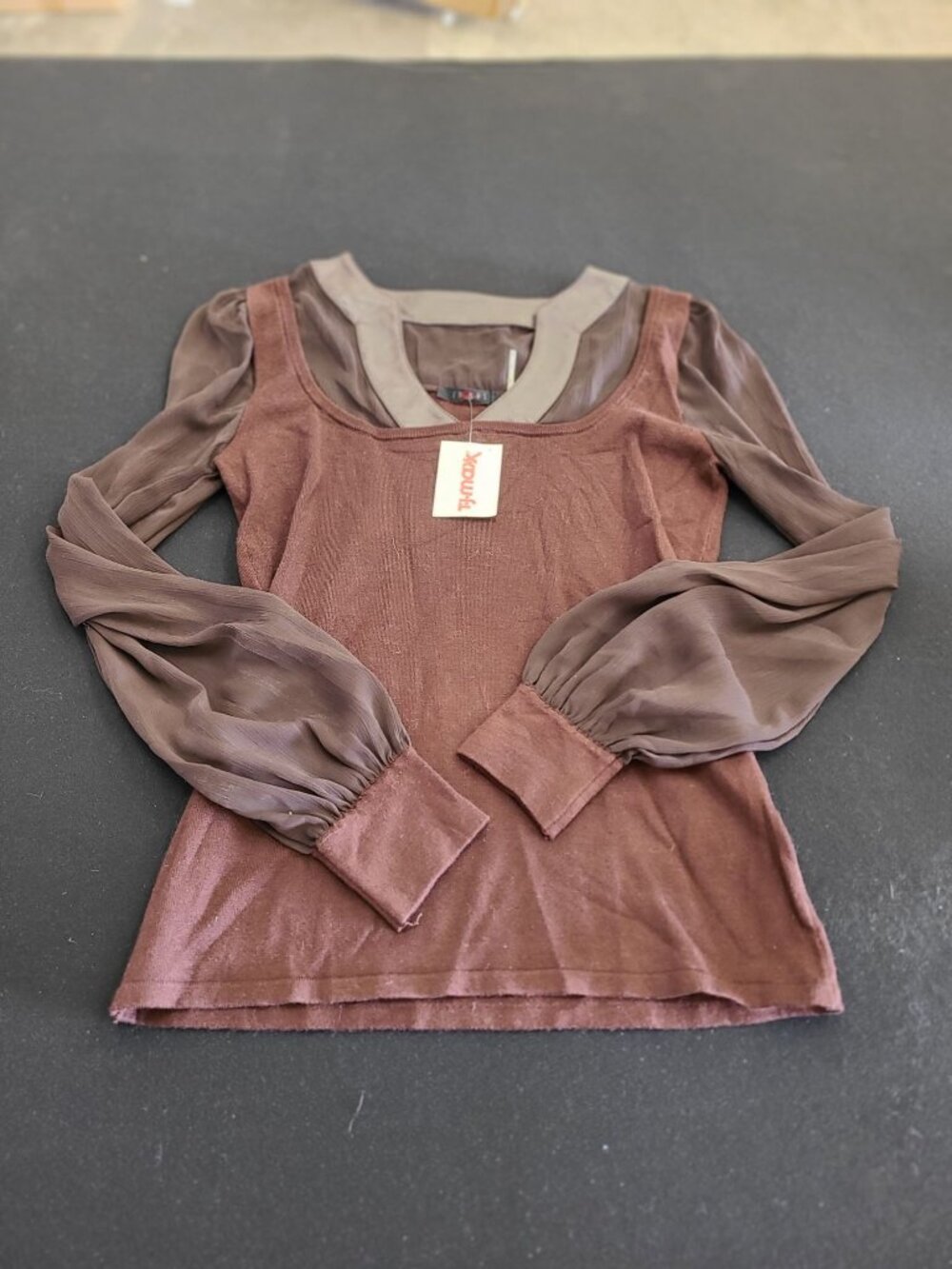 Cyrus Sheer Brown Long-Sleeve Top With Velvet Accents & Ribbed Cuffs  NWT